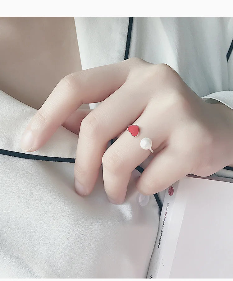 925 Pure Silver Pearl Opening Ring Temperament Red love Ring Female Japan and South Korea Simple Silver Ornaments