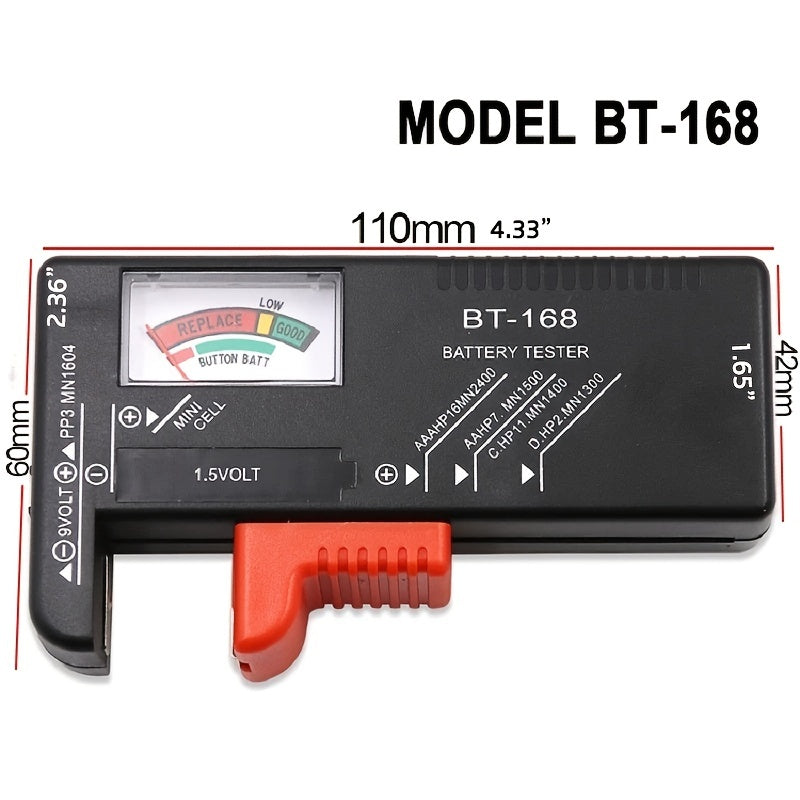 BT-168 Universal Battery Tester - Quickly Check AA/AAA/C/D/9V/1.5V Batteries with Colour-Coded Meter Indicators!