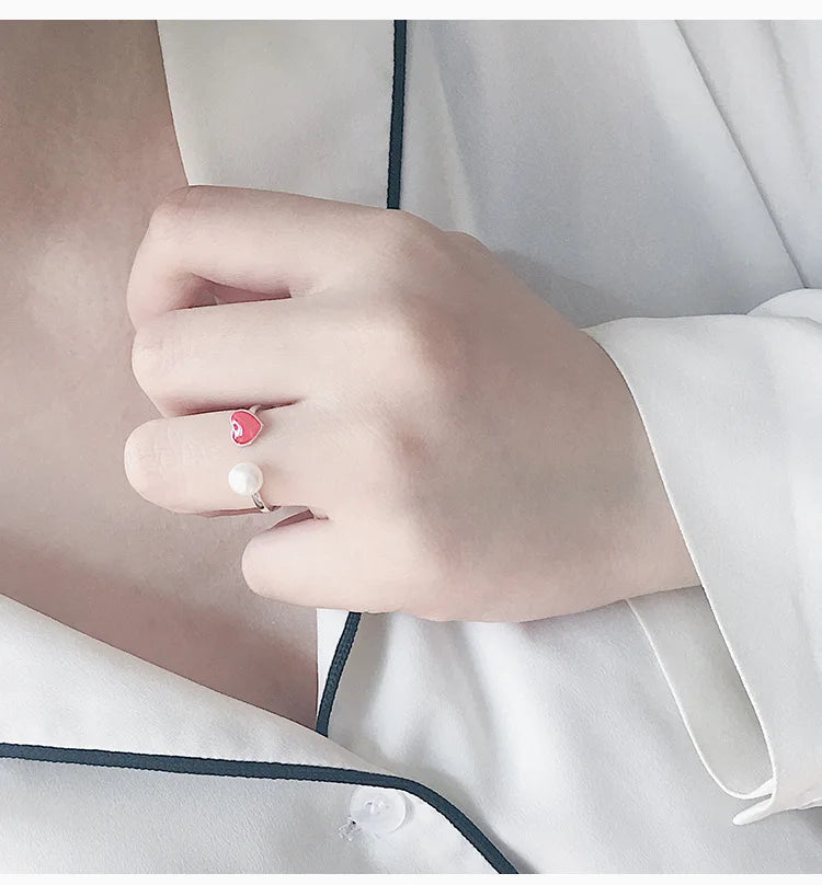 925 Pure Silver Pearl Opening Ring Temperament Red love Ring Female Japan and South Korea Simple Silver Ornaments