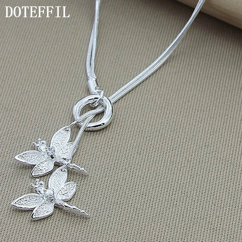 DOTEFFIL 925 Sterling Silver Two Dragonfly Pendant Necklace For Women Snake Chain Necklace Wedding Engagement Jewelry