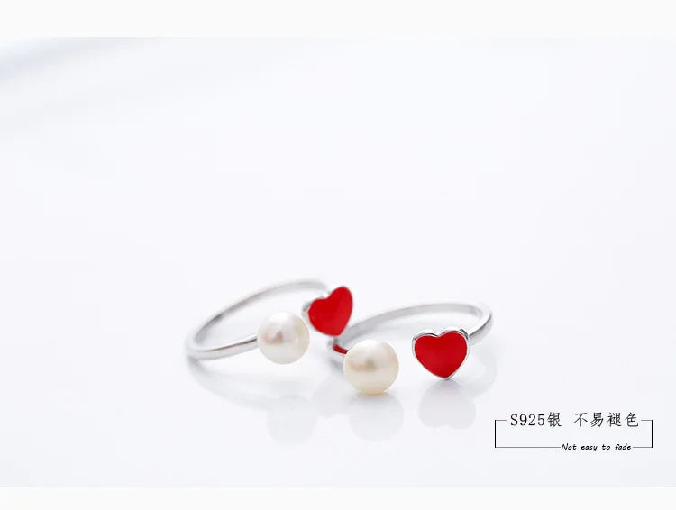 925 Pure Silver Pearl Opening Ring Temperament Red love Ring Female Japan and South Korea Simple Silver Ornaments