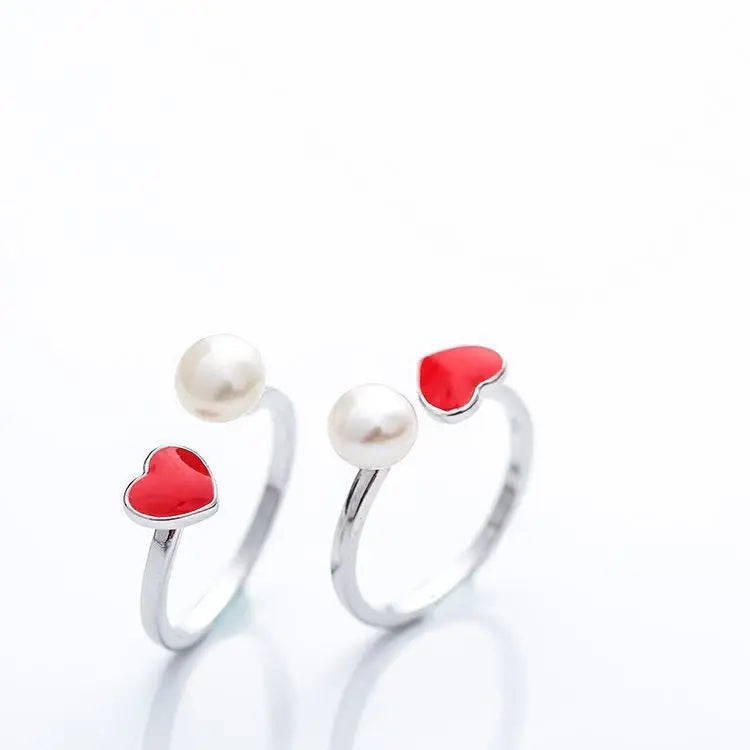 925 Pure Silver Pearl Opening Ring Temperament Red love Ring Female Japan and South Korea Simple Silver Ornaments