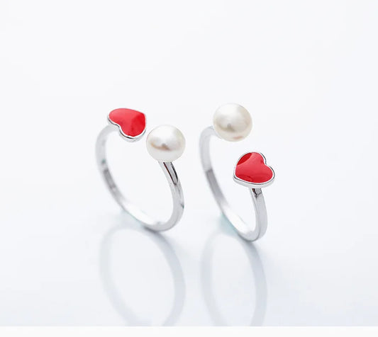 925 Pure Silver Pearl Opening Ring Temperament Red love Ring Female Japan and South Korea Simple Silver Ornaments