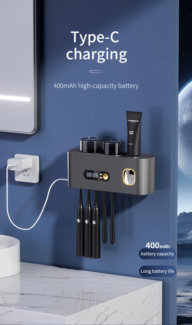 Smart Toothbrush Holder with Auto Dispenser & Clock