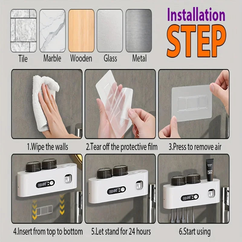 Smart Toothbrush Holder with Auto Dispenser & Clock