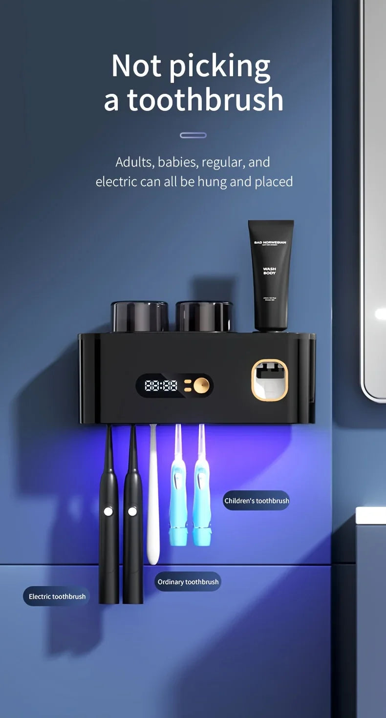 Smart Toothbrush Holder with Auto Dispenser & Clock