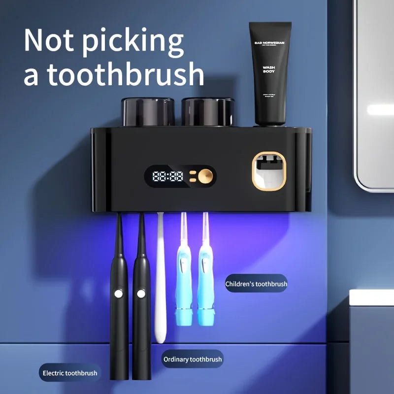 Smart Toothbrush Holder with Auto Dispenser & Clock