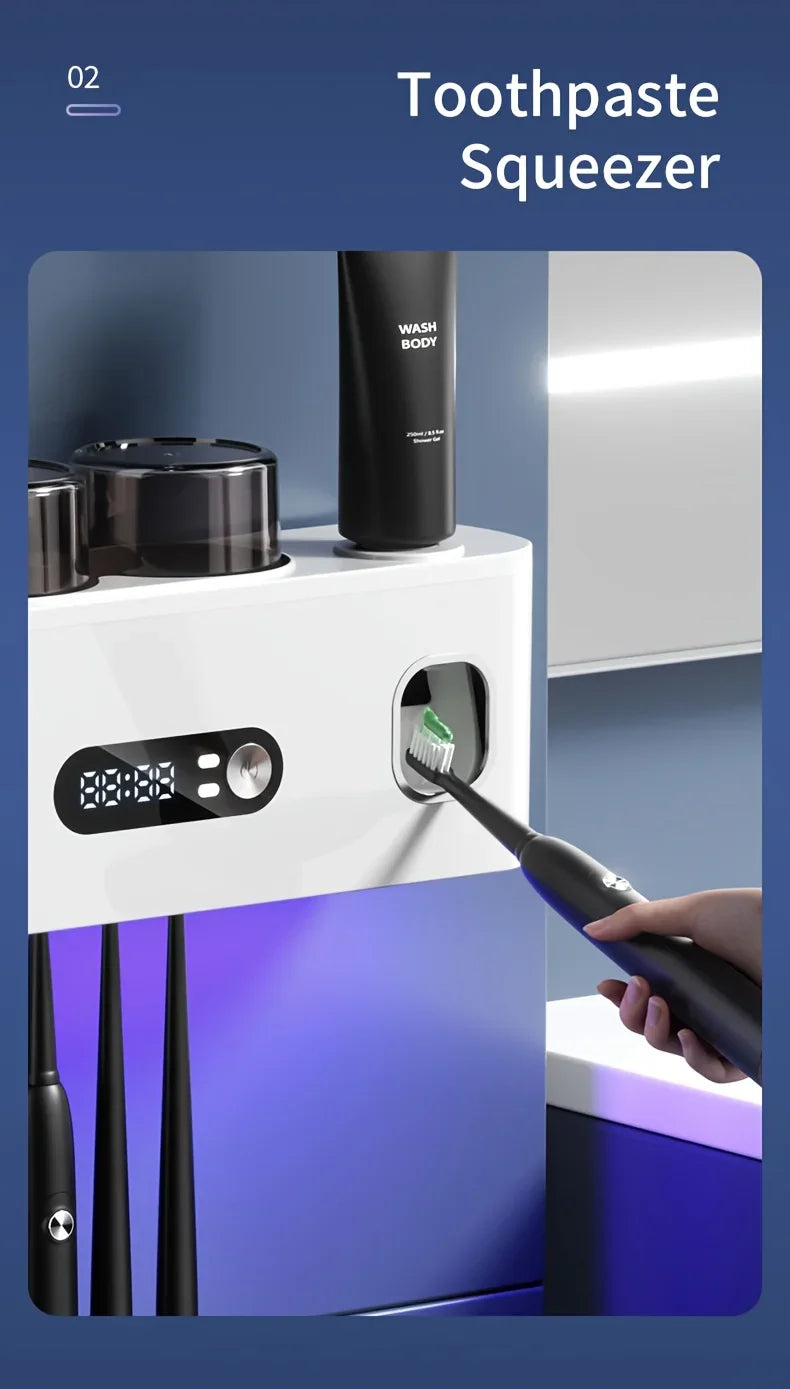 Smart Toothbrush Holder with Auto Dispenser & Clock
