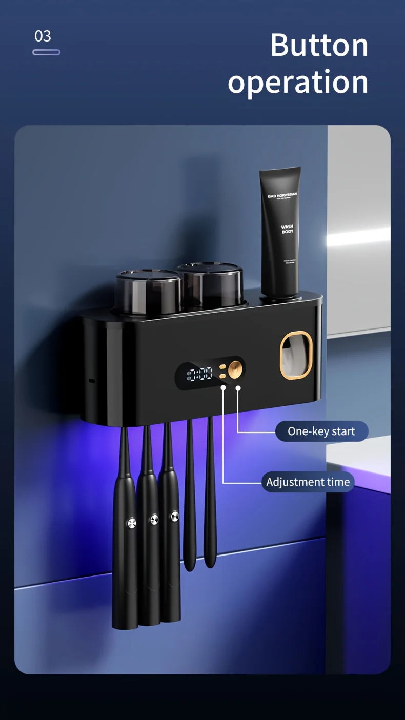 Smart Toothbrush Holder with Auto Dispenser & Clock