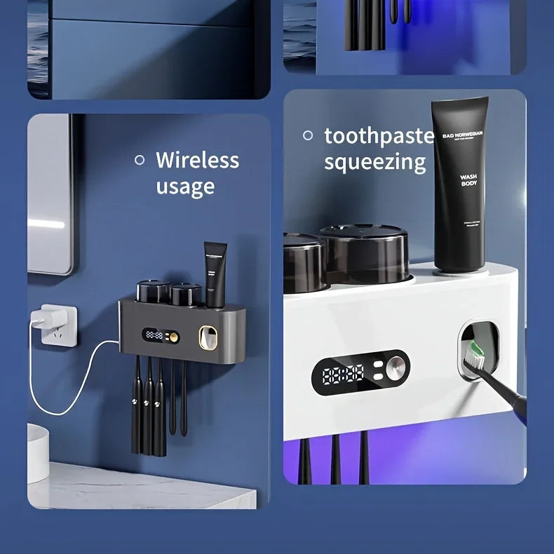 Smart Toothbrush Holder with Auto Dispenser & Clock