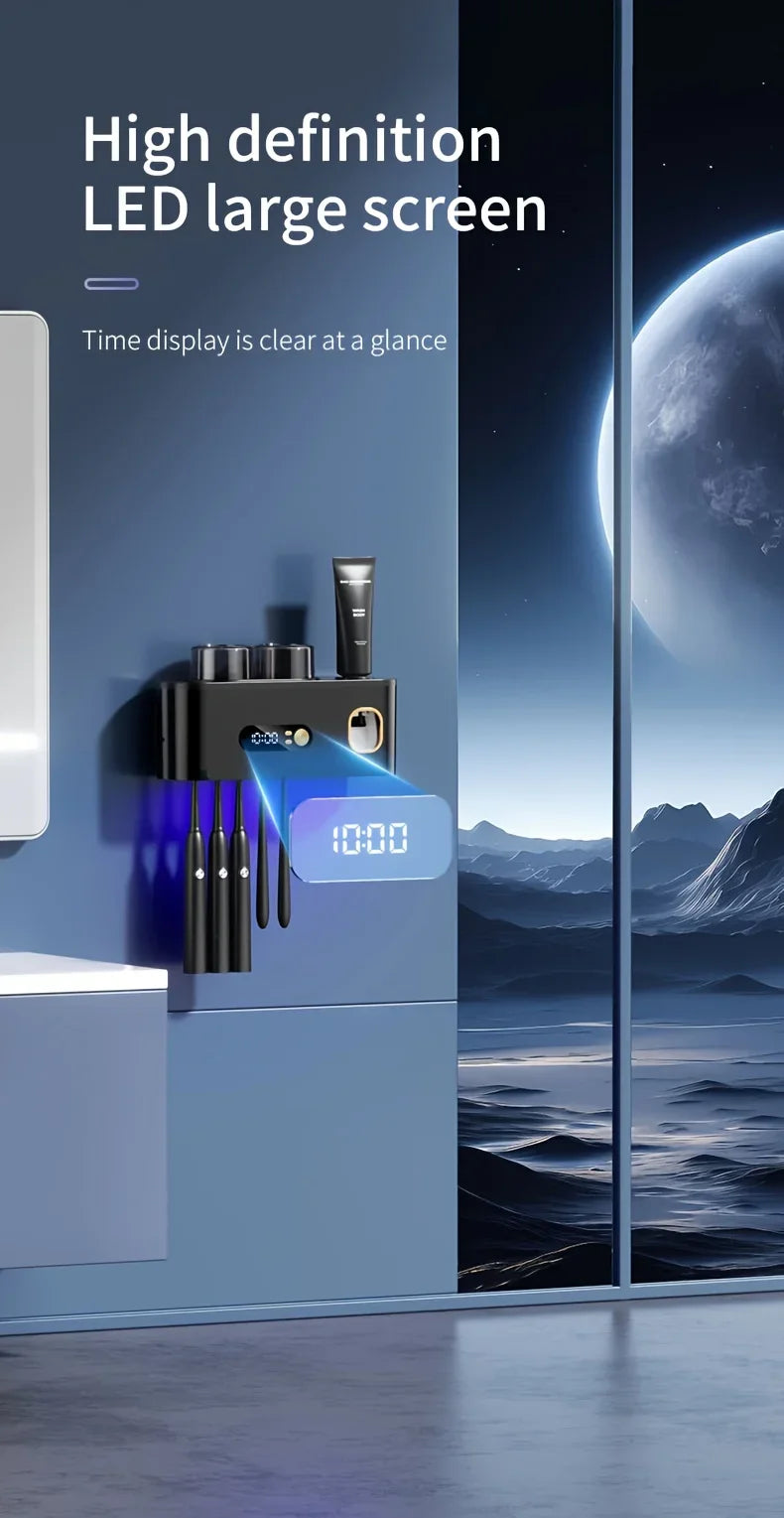Smart Toothbrush Holder with Auto Dispenser & Clock