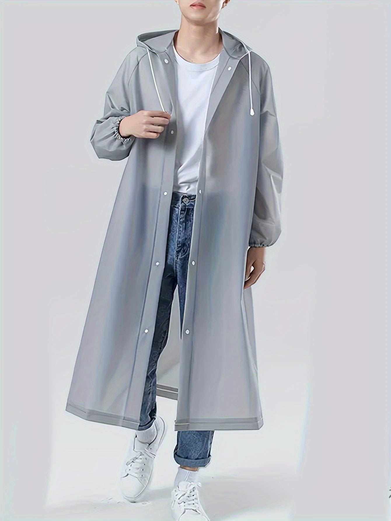 Gray EVA Raincoat - Windproof, Waterproof, Full-Body Thickened Jacket for Travel, Cycling, Hiking - Portable, Elastic Cuffs, Buttoned Closure